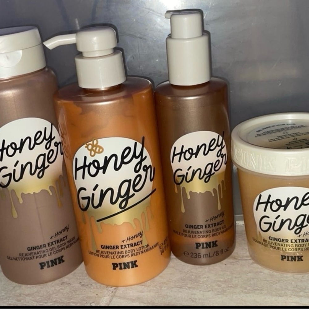 Set of 4•Victoria Secret PINK Honey Ginger BodyWash Oil•Lotion•Scrub•bundle set